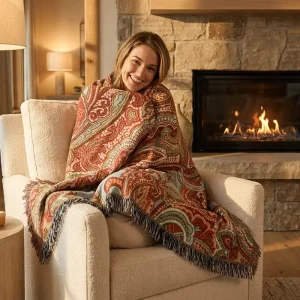 Vintage Paisley Jacquard Fringe Throw Blanket Rabbit Fur Plushie Ornamental Ethnic Pattern Sofa Bed Boho Rustic Europe Home Size