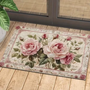 Vintage Pink Rose Print Doormat Shabby Chic Floral Non Slip Front Door Mat Farmhouse Botanical Entrance Rug