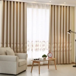Vintage Rose Embroidery Linen Texture Blackout Curtain Set With Matching Floral Sheer For Bedroom Living Room