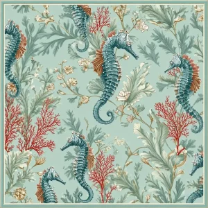 Vintage Seahorse Coral Print Ocean Themed American Mahjong Mat Mint Green Coastal Floral Non Slip Rubber Mahjong Table Pad Cover