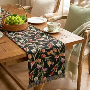 Vintage Style Black Luxury Woven Jacquard Polyester Cotton Eco-Friendly Waterproof Durable Wedding and Hotel Table Runner