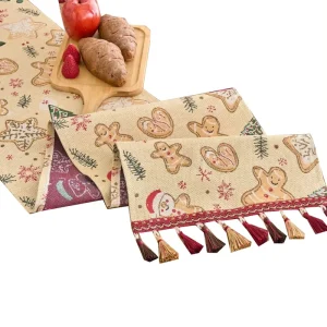 Vintage Table Runner Christmas Gingerbread Man Jacquard with Gold Tassel Tea Table Runner Long Dining Flag