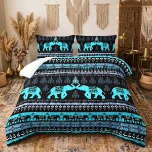 Vintage Tribal Elephant Print Comforter Set Turquoise Black Boho Thick Fluffy Bedding Quilt Bed Set With Pillow