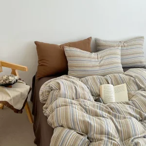 Vintage Washed Cotton 4 Piece Solid Retro Style Duvet Cover Set Soft Breathable Yarn Dyed Jacquard Organic Bedding