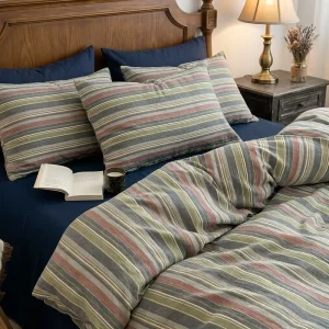 Vintage Washed Cotton Bedding Set 4 Pieces Retro Striped Duvet Cover Set Breathable Soft Bed Linen for Modern Farmhouse Hotel