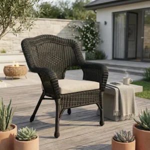 Vintage Wavy Top Back Synthetic Rattan Accent Chair Textured Diamond Weave Backrest with Bulbous Feet