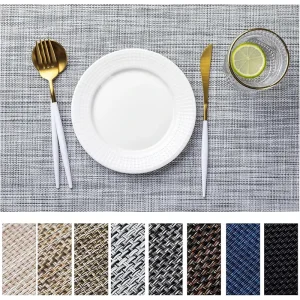 Vinyl Plastic Woven Place Mats for Kitchen Table Indoor Outdoor Washable Placemat Wipeable Dining Table Mats(Gray)