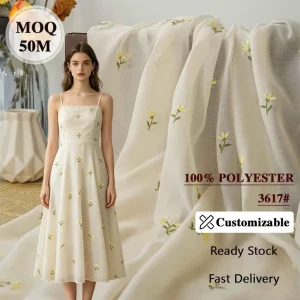 WF Low MOQ Eco friendly Woven Lightweight Fresh Yellow Daisy Floral Embroidery Polyester Fabric for Sunny Summer Dresses