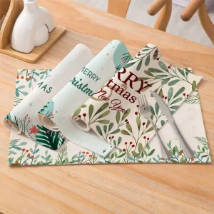 WML090 Christmas Decor Place Mats Green Plant Print Series Cotton Linen Waterproof Able Mats Heat Insulated Dining Table Pads