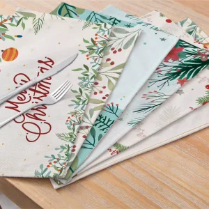 WML090 Christmas Decor Place Mats Green Plant Print Series Cotton Linen Waterproof Able Mats Heat Insulated Dining Table Pads