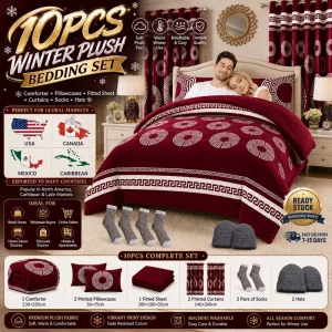 Warm 10 Pieces Borrego Fleece Bedding Set King Size Comforter with Pillowcases Curtains Socks for Bedroom Home Hotel