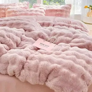 Warm Eco Friendly All Season Duvet Cover Bed Sheet Pillowcases for Modern Home Decor Bubble Flannel 4 Piece Bedding Set
