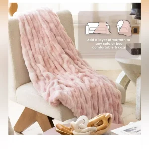 Warm Luxury Faux Rabbit Fur Throw Blanket Ultra Soft Striped Plush Modern Portable for Four Seasons Use Airplane