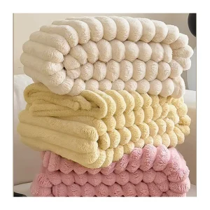 Warm Winter Flannel Throw with Bunny Fur Texture Wide Stripe Design Throw Blanket for Home Office Use