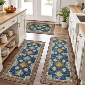 Washable Anti-Fatigue Pet Friendly Polyester Thin Boho Kitchen Mat Non-Slip Rubber Backing Machine Wash