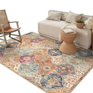 Washable Area Rug Soft Low Pile Non Slip Moroccan Trellis Oriental Carpet Indoor for Bedroom Living Room Kitchen Entryway Office