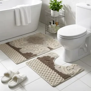 Washable Cushioned Water Resistant Polyester Bathroom Mat 2-Piece Set Soft Toilet Rug Bath Mat Non-Slip Absorbent Home Hotel Use