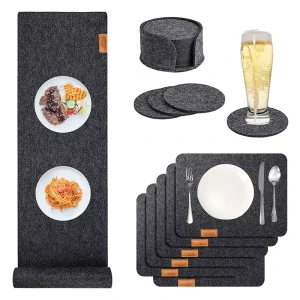 Washable Dining Table Felt Placemats Set of 20 with Table Runner Coasters and Coaster Box
