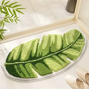 Washable Green Leaf Shaped Polyester Tufted Bath Mats Non Slip High Low Pile Absorbent Soft Bathroom Rug for Home & Hotel Use