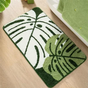 Washable Green Tropical Leaf Bathroom Rug Non Skid Shower Floor Mat Strong Water Absorbent Plush Bath Mat