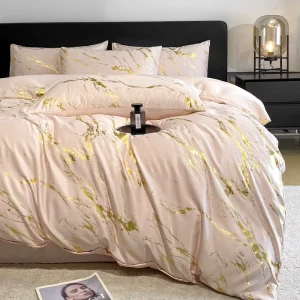 Washable Simple Gold Foil Ice Silk Bedding Set Duvet Cover Bed Sheet