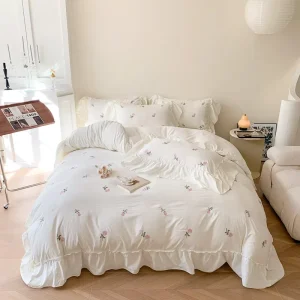 Washed Cotton Bedding Set Rose Embroideries Flower Bed Set Duvet Cover Quilt Cover Pillowcase Flatted Sheet Soft Home Bedroom
