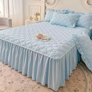 Washed Cotton Bedskirt Pillowcase Three piece Set Bed Cover Solid Color Quilted Dustproof Protective Cover