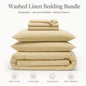Washed French Flax Linen Bedding Set Deep Pocket Fitted Sheet Duvet Cover Pillowcase Bundle