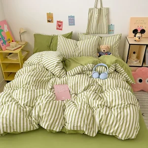 Washed Soft Touch Feeling 4 Pcs Duvet Cover Set Stripe Printed king Size Comforter Set