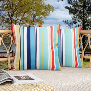 Water Resistant Indoor Outdoor Throw Pillow Cover Striped Cushion for Couch Park Decor Embroidered Leaves Sublimation Ready