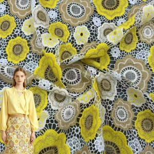 Water-soluble Water Resistant Sunflower Embroidery Polyester Lace Fabric Hollowed-out Ethnic Style Openwork Full-width Flora
