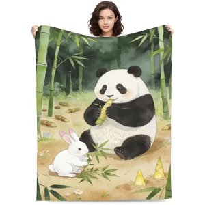 Watercolor Panda Rabbit Customizable Design Flannel Throw Blanket Warm All Season for Bedroom & Home Decor Gift