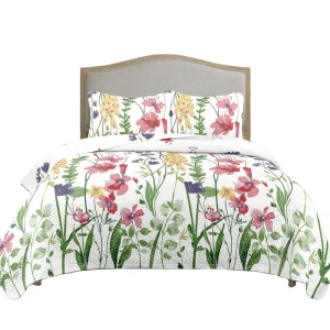 Watercolor Wildflower Print Modern Washable Polyester 3-Piece Quilt Set Soft Microfiber Bedspread Pillow Shams All-Season