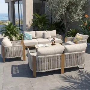 Waterproof Aluminium Outdoor Furniture Rope Woven Wood Grain Coffee Table Luxury Resort Patio Garden Corner Sofa