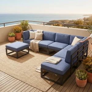 Waterproof Blue Fabric Outdoor Sofa Set with Square Fire Pit Minimalist Modular Sectional Patio Furniture for Garden Backyard
