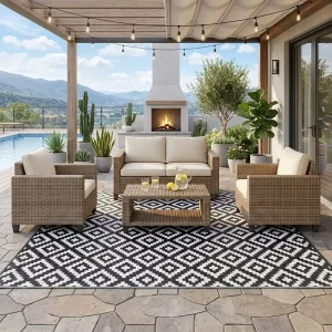 Waterproof Outdoor Mat 5×8 Ft Plastic Straw Rug Reversible Large Carpet Area Rug for Patio Backyard Picnic Beach Camping RV