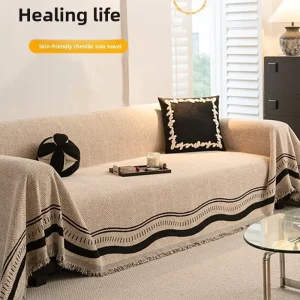 Wave Stripe Chenille Sofa Throw Cover Customizable for Combination Sofa Minimalist Herringbone Woven Furniture Blanket