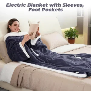 Wearable Electric Heating Blanket With Sleeves and Foot Pockets Portable Warming Full Size Heated Blanket