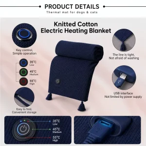 Wearable Heated Blanket Shawl Navy Blue Flannel USB Charging 3 Heating Levels Timing Machine Wash