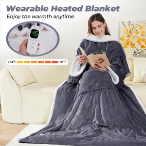 Wearable Heated Blanket With Foot Pouch Poncho Sleeves Portable Warming Powered Heated Blanket
