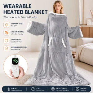 Wearable Heated Blanket with Foot Pocket Plush Faux Fur Rapid Heating Temperature Control Wearable Throw