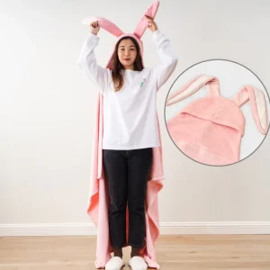 Wearable Hooded Blanket for Adults Pink Rabbit Fuzzy Super Soft Warm Cozy Plush Flannel Fleece Hoodie Throw Cloak Wrap