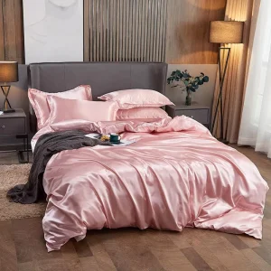 Wedding 4PCS Satin Silk Solid Pattern Bedding Set Includes Duvet Cover and Fitted Sheet Simple Style Woven Complete Bed Linens