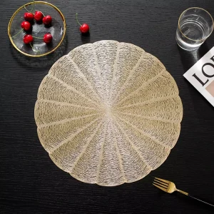 Wedding Banquet Round Woven Gold Placemat Charger Plate PVC Heat Resistant Table Mat Set Custom Logo Event Decor
