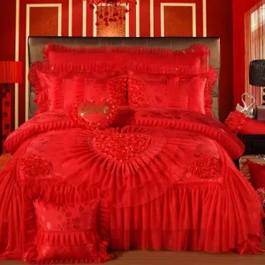 Wedding Bedding Set King Size Red Lace Jacquard Cotton Duvet Cover Comforter Bedspread Bed Sheet Queen Size Bedding Sets