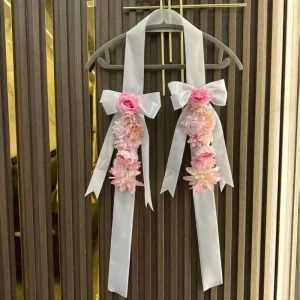 Wedding Chair Sashes With Artificial Pink Flowers and White Satin Bows for Ceremony Party Decoration