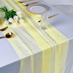Wedding Decorative Yellow Table Runners with Pearl Tulle Beaded Mesh Sheer Table Runner Wedding Party Background Decoration