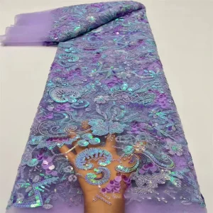 Wedding Dress Fabric Full Bead Embroidery Overlapping Sequins Nigerian Lace Fabric for Wedding Party Dress