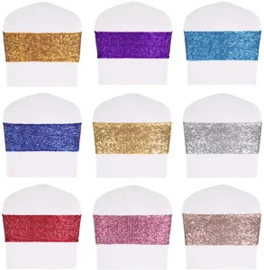 Wedding Party Decoration Rosette Chair Cover Spandex Sashes Bands with Buckle Slider Sashes Bow Sequin Chair Sashes
