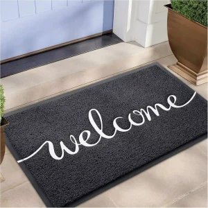 Welcome Door Mat (30×17.5) Black Modern Style Thin Low Profile Non Slip Waterproof PVC Solid Color Machine Washable Home Use